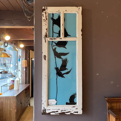 Rustic White Window Frame with Blue Sky & Crows Background
