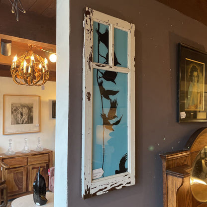 Rustic White Window Frame with Blue Sky & Crows Background