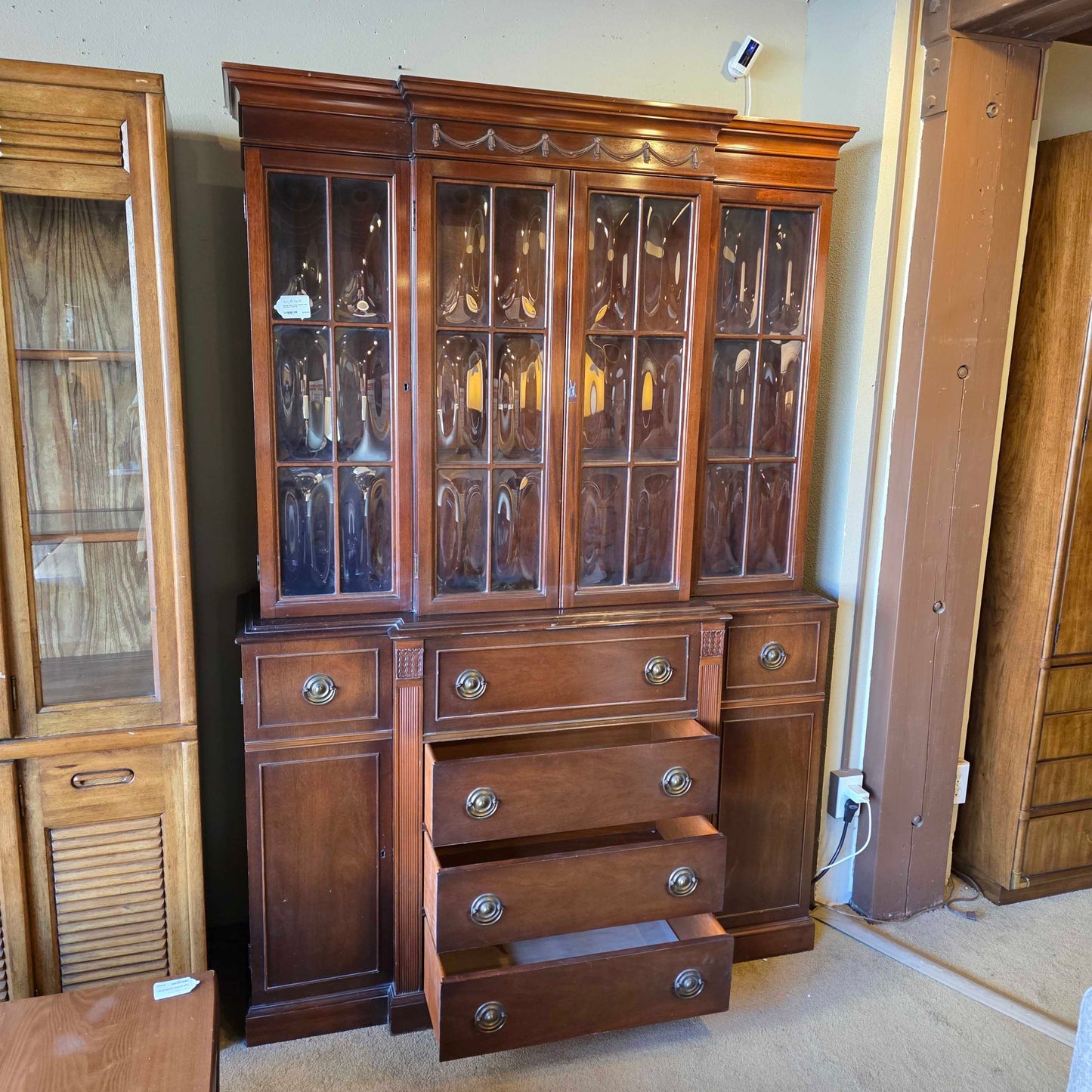 Bubble Glass China Cabinet with Secretary Desk