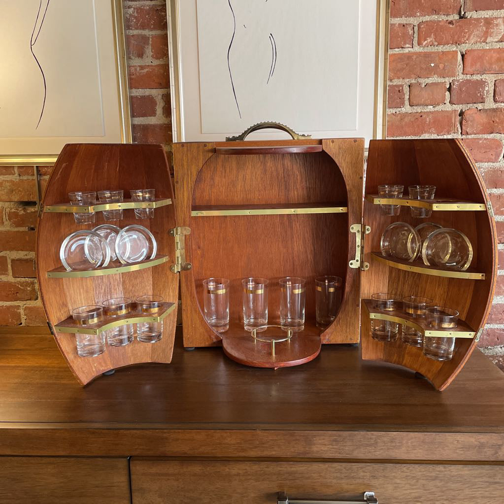 Wooden Barrel Mini Bar WITH Glassware