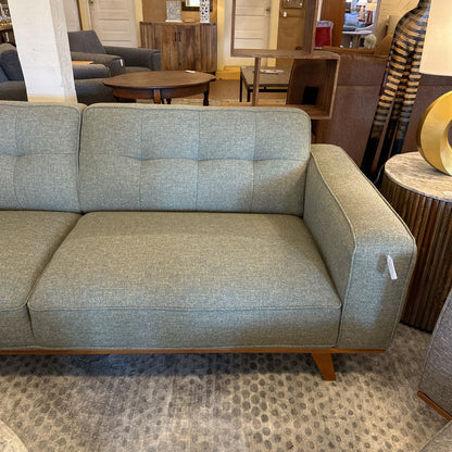 Gray sofa in a room with a patterned rug and furniture.