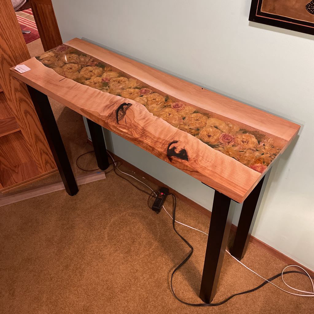Local Craftsman Maple and Floral Resin Console Table C CONSOLE TABLES