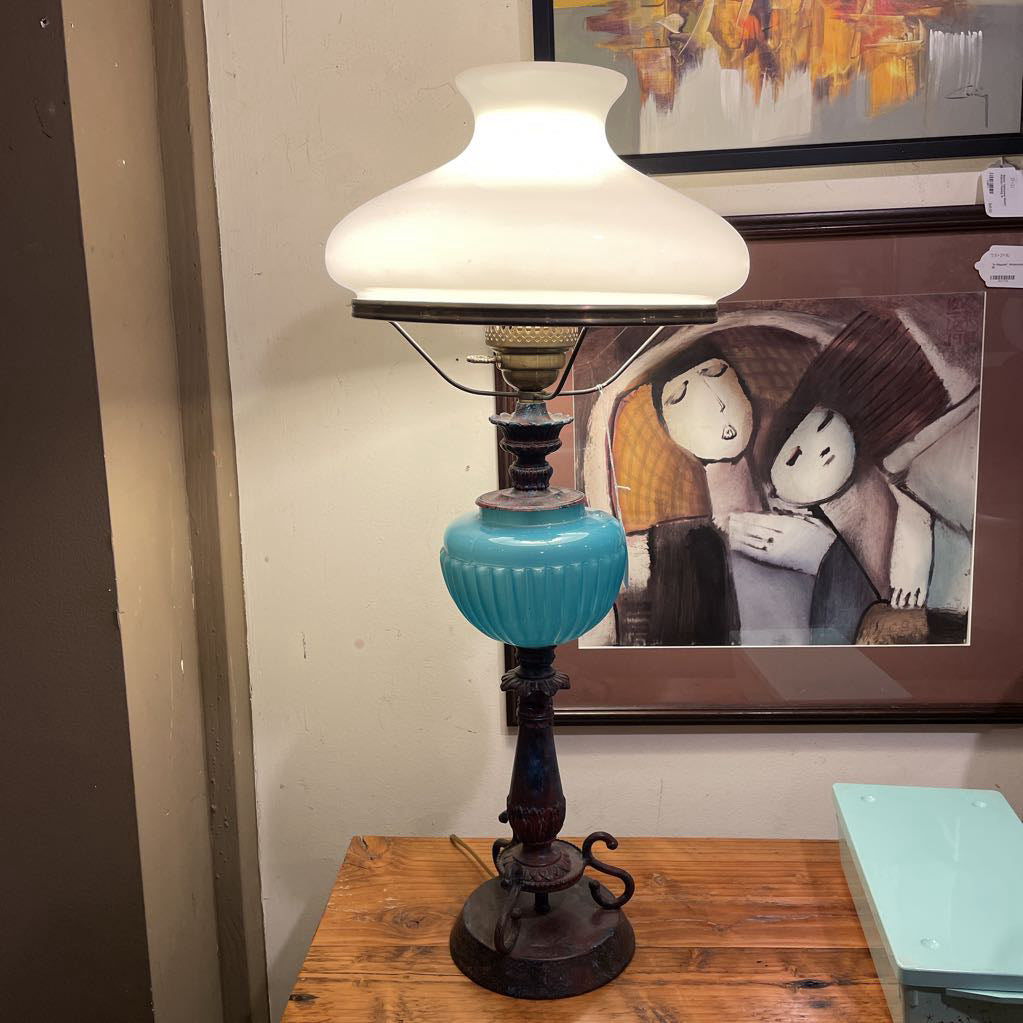 Blue Glass Converted Kerosene Style Lamp LAMPS