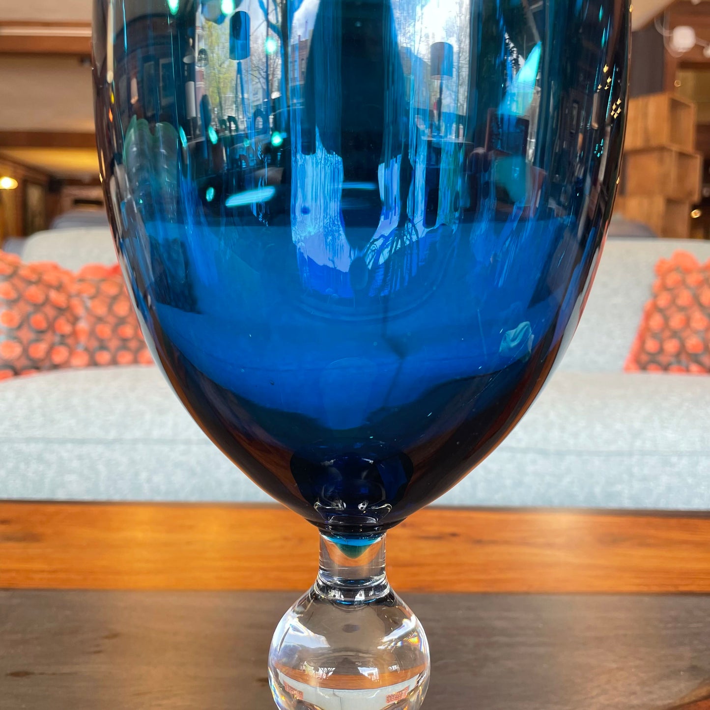 Large Blue Decor Goblet with Clear Ball Accent