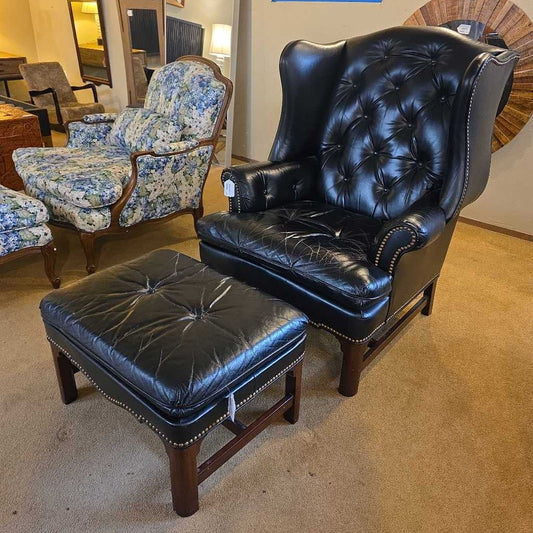 Black Leather Tufted Wingback Chair with Ottoman