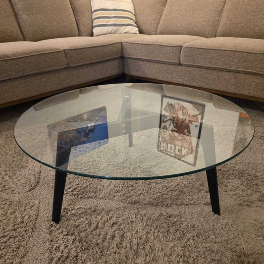 Round Glass Coffee Table with Black Painted Legs