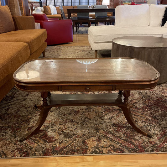 Victorian Oval Wood Coffee Table w/Glass Top & Drawers