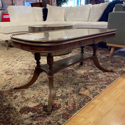 Victorian Oval Wood Coffee Table w/Glass Top & Drawers