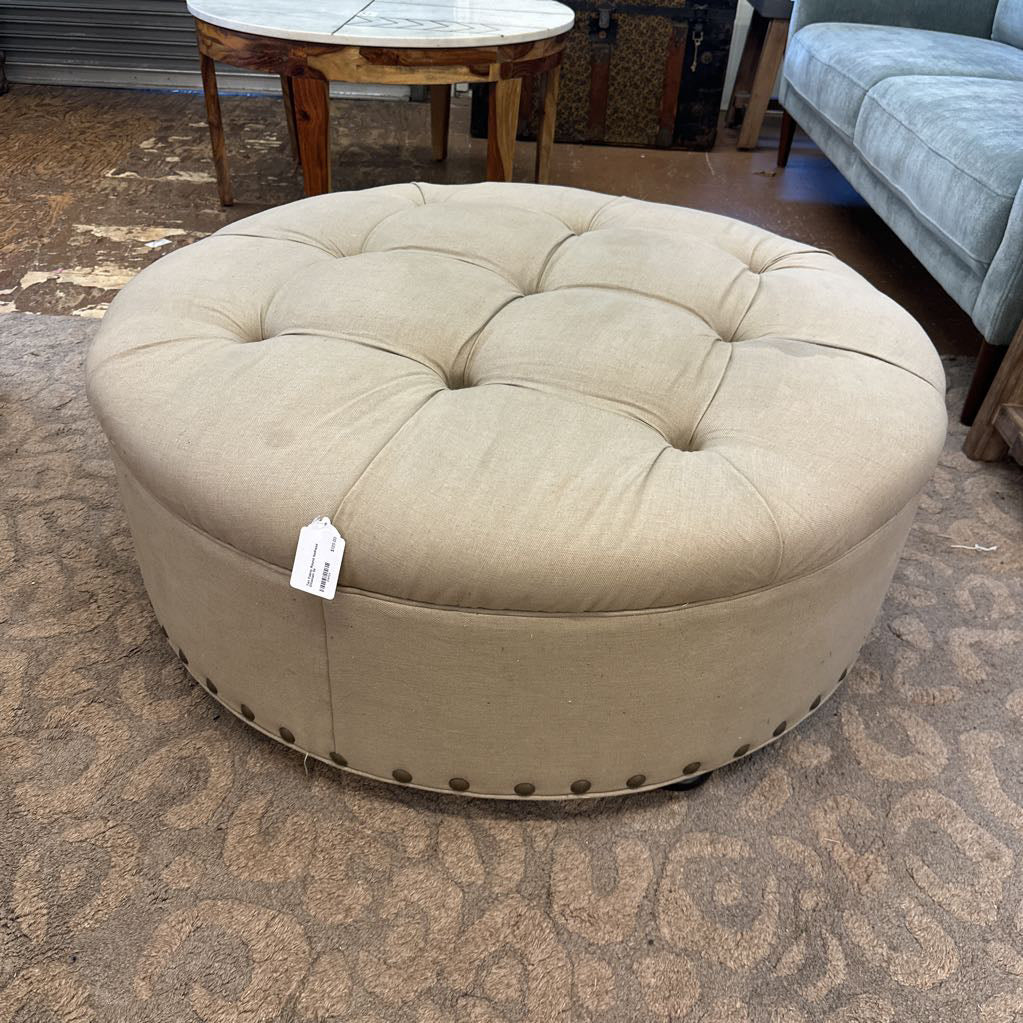 Tan Restoration Hardware Fabric Round Nailhead Ottoman
