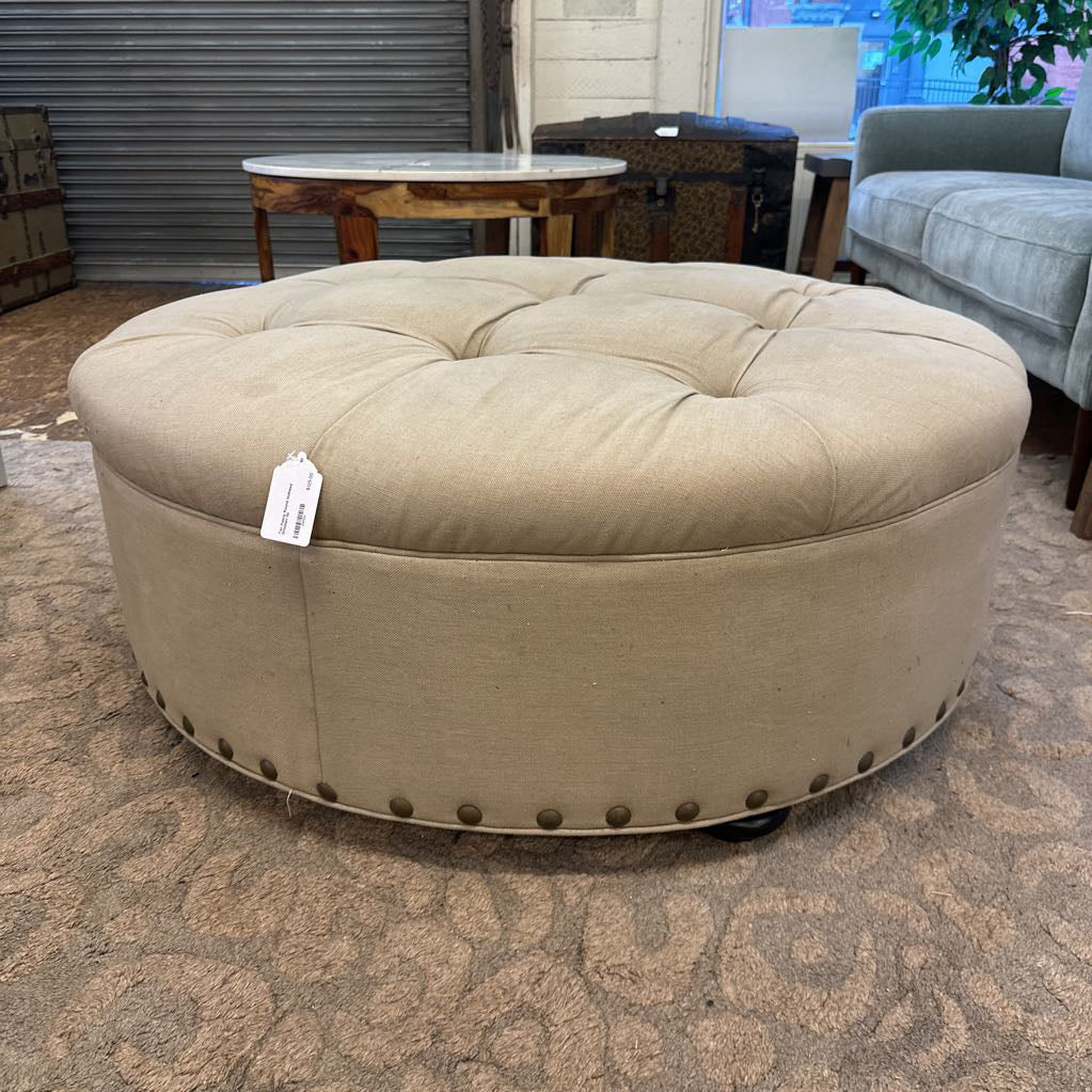 Tan Restoration Hardware Fabric Round Nailhead Ottoman