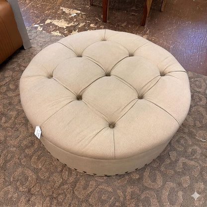 Tan Restoration Hardware Fabric Round Nailhead Ottoman