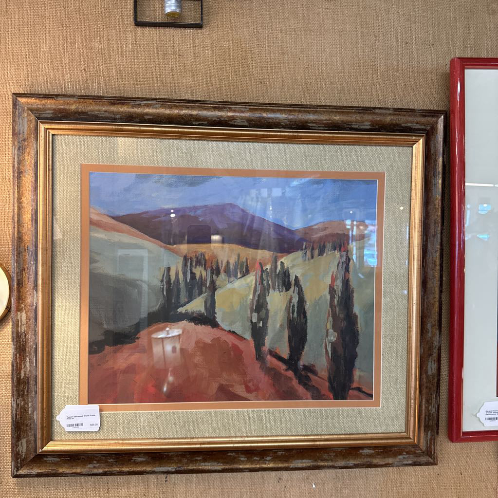 Framed landscape painting on a textured wall