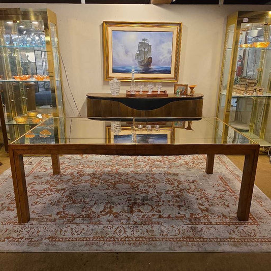 Henrendon Smoked Mirror Top Oak Expandable Dining Table and Cane Dining Chair SET of 6