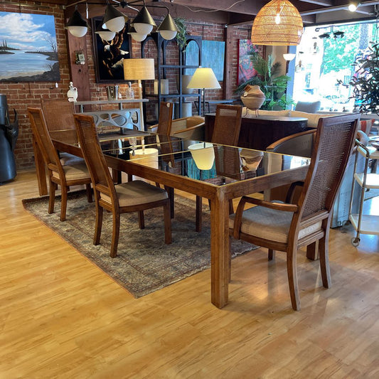 Henrendon Smoked Mirror Top Oak Expandable Dining Table and Cane Dining Chair SET of 6 C DINING TABLES