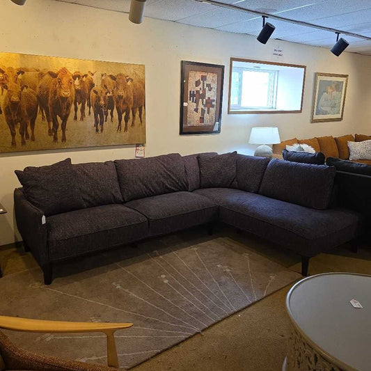 Gray sectional sofa in a room with artwork on the walls