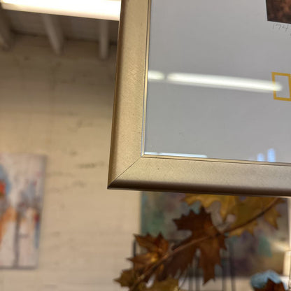 Close-up of a gold-framed mirror with a blurred background