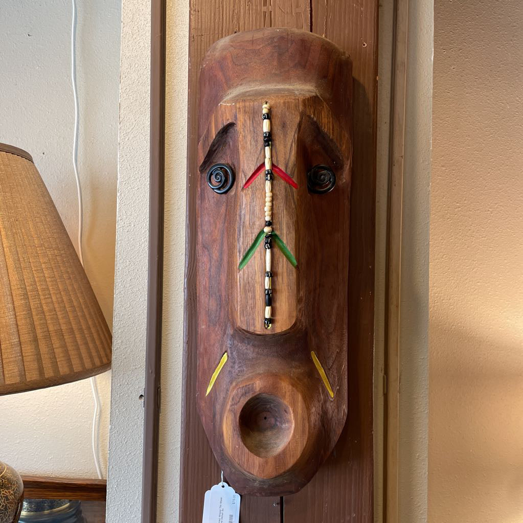 Heavy Carved Wood Tiki Mask with Beaded Detail UNIQUE FINDS