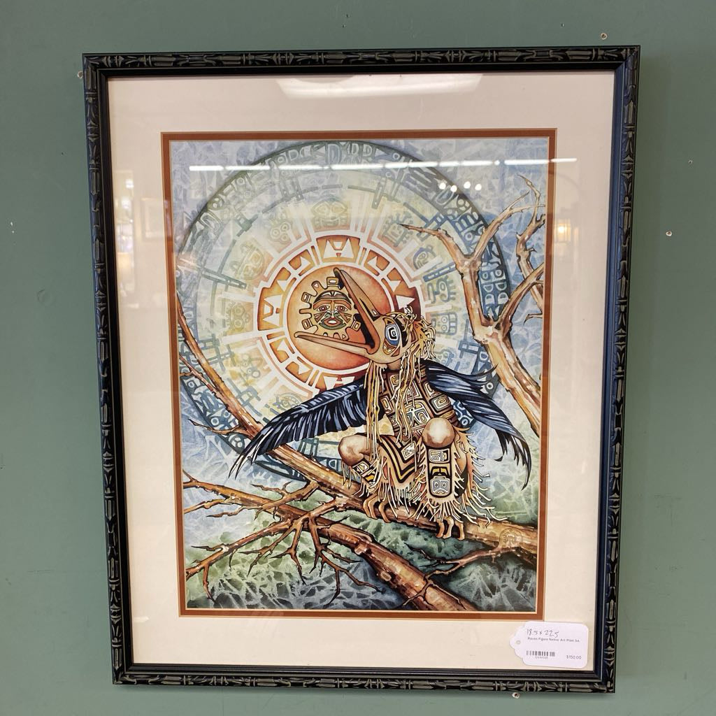 Framed artwork of a stylized eagle with intricate designs on a branch against a circular, abstract background.