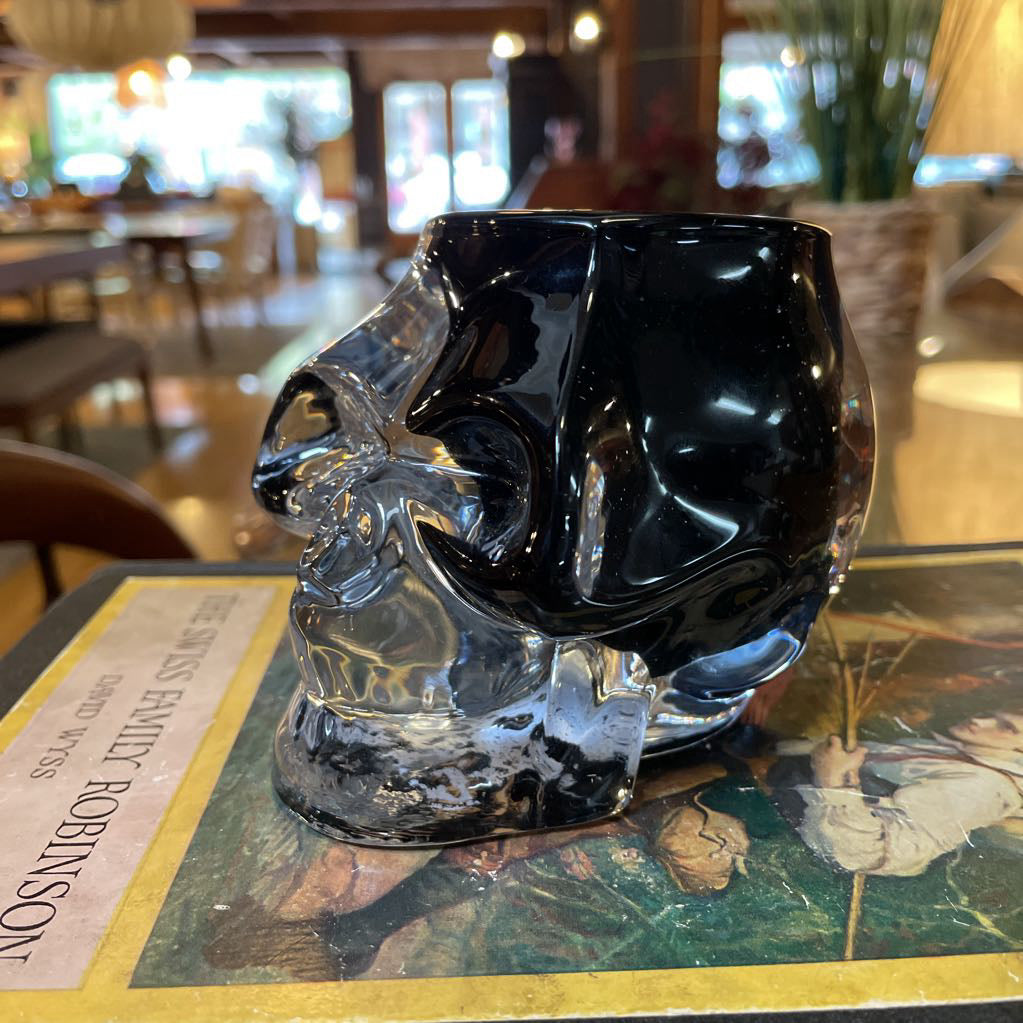 Black Glass with Clear Overlay Skull Pot UNIQUE FINDS