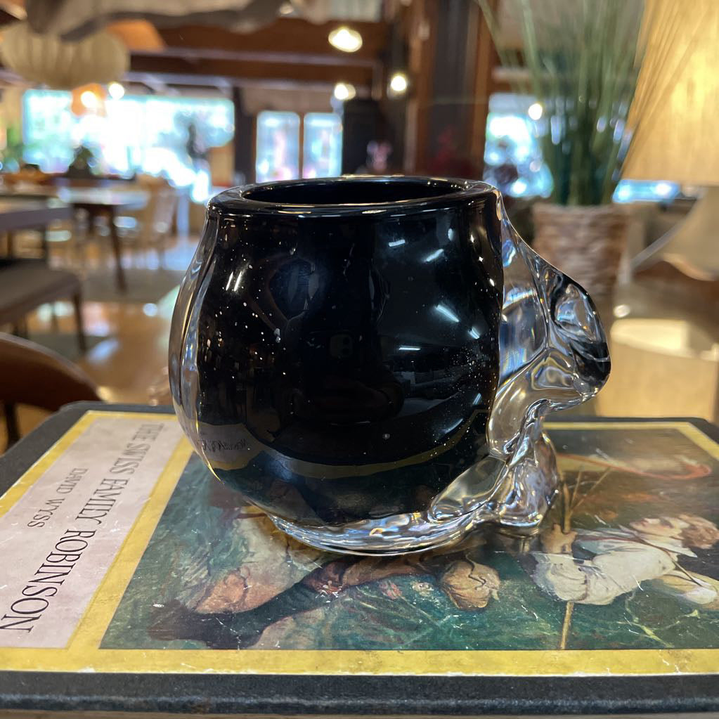 Black Glass with Clear Overlay Skull Pot UNIQUE FINDS