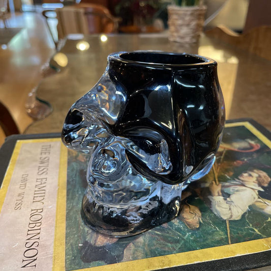 Black Glass with Clear Overlay Skull Pot