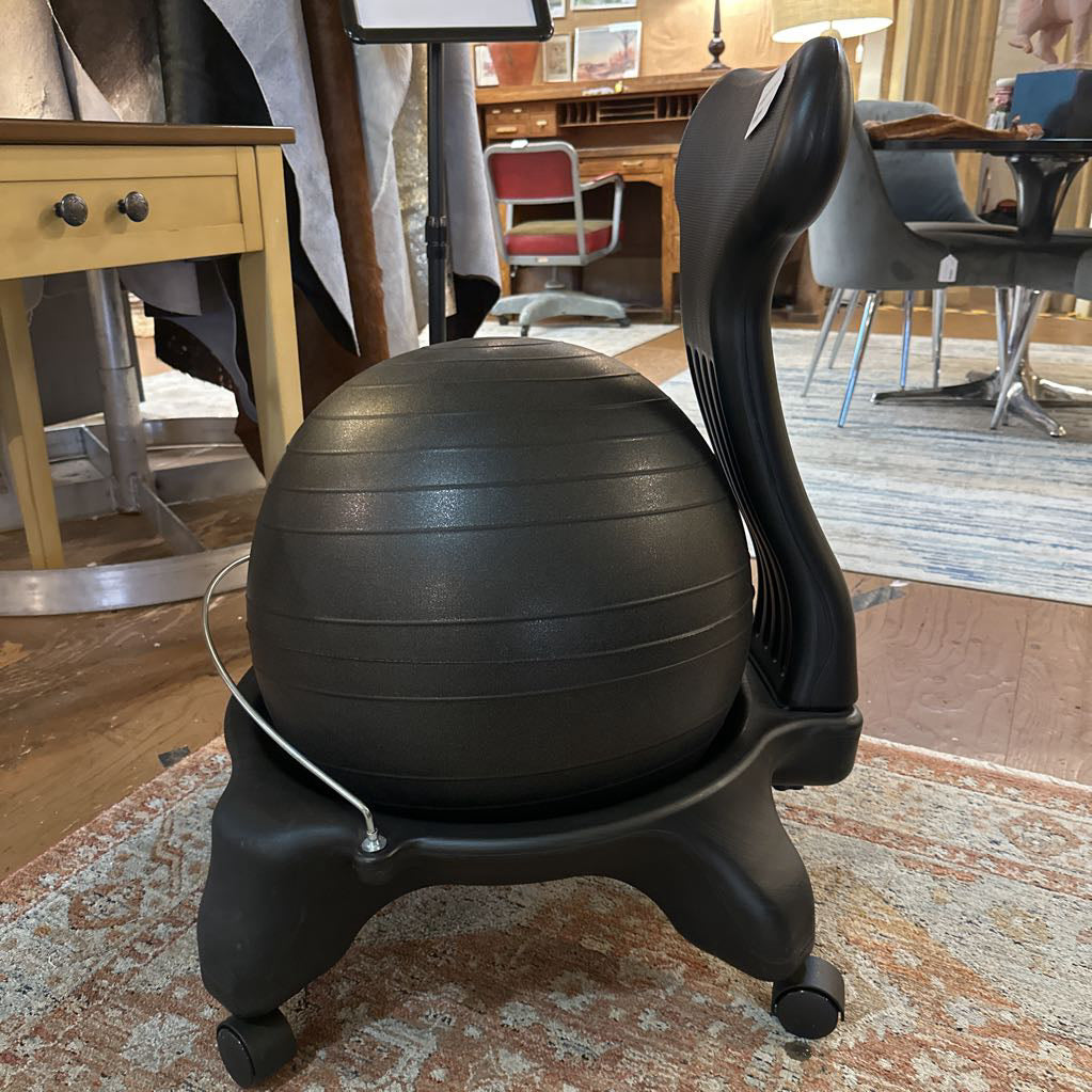 Black exercise ball chair in a home office setting