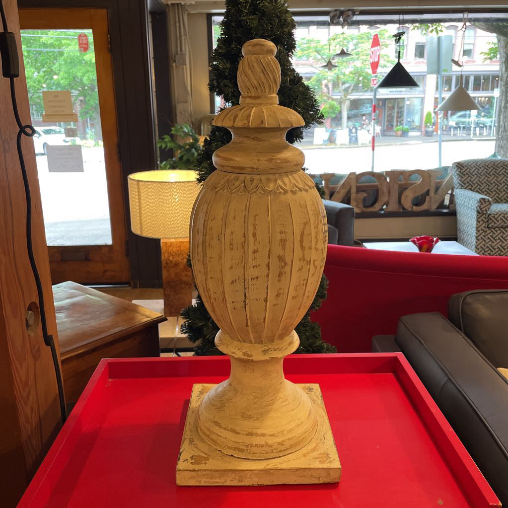 Carved Round Wooden Finial Decor on Square Base UNIQUE FINDS