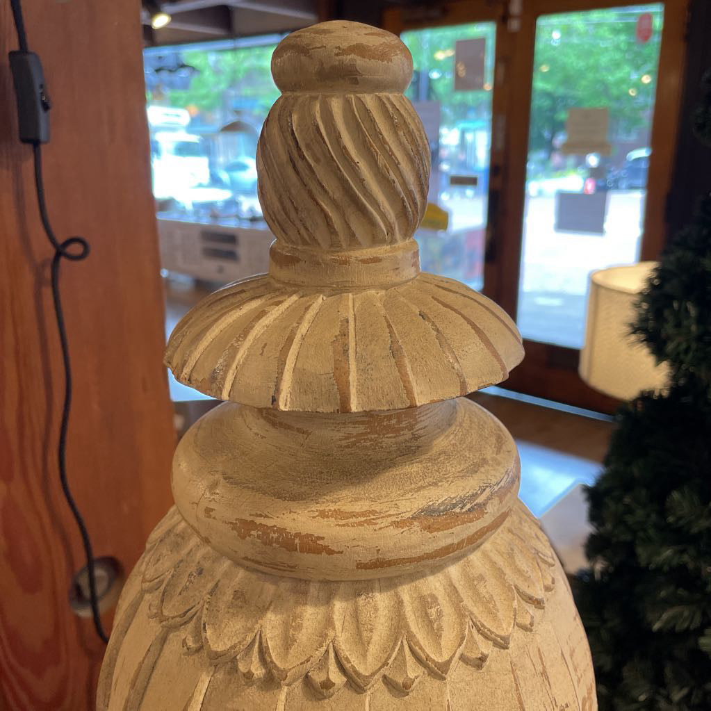 Carved Round Wooden Finial Decor on Square Base UNIQUE FINDS