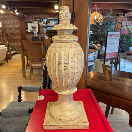 Carved Round Wooden Finial Decor on Square Base UNIQUE FINDS