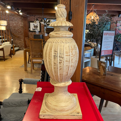 Carved Round Wooden Finial Decor on Square Base UNIQUE FINDS