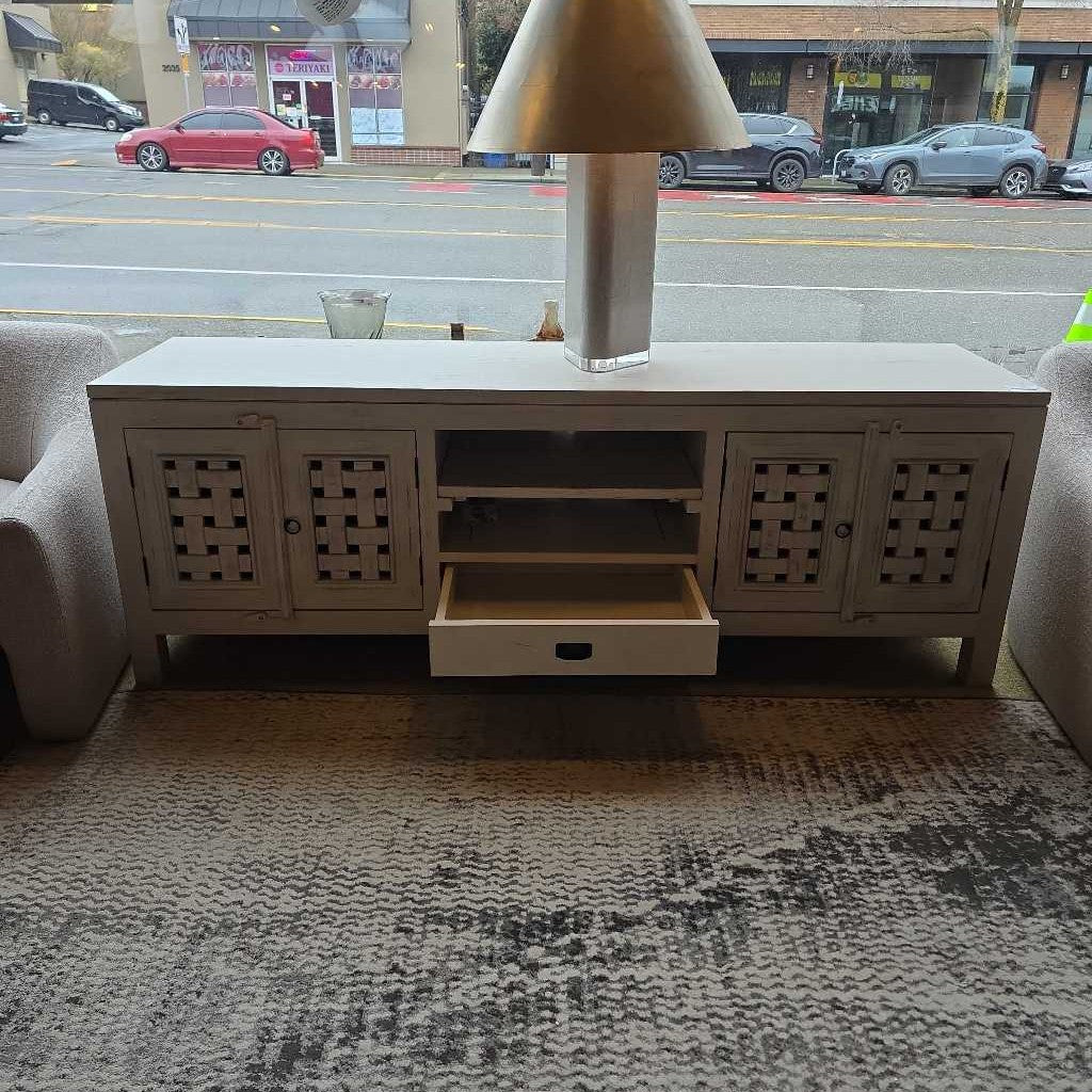 White Farmhouse Lattice Door Media Console