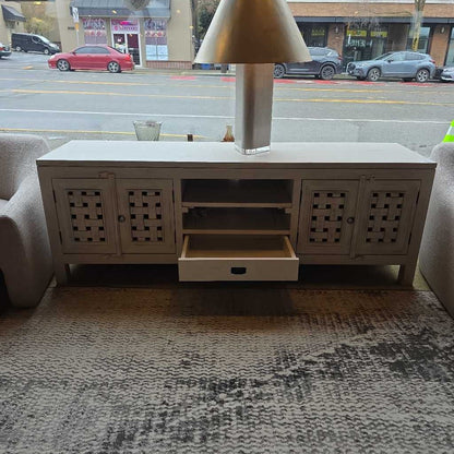 White Farmhouse Lattice Door Media Console