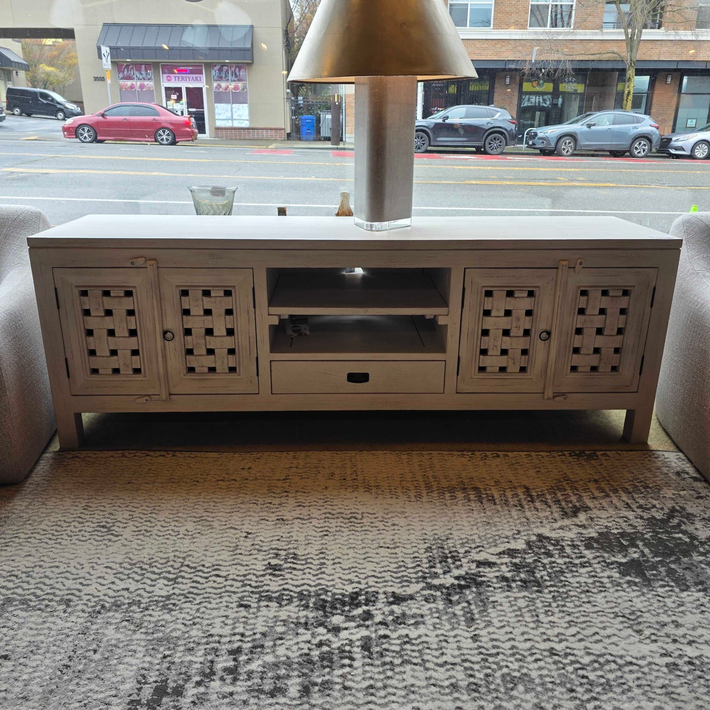 White Farmhouse Lattice Door Media Console