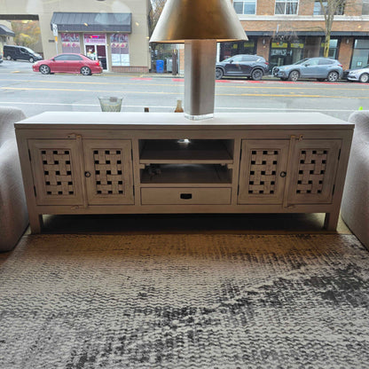 White Farmhouse Lattice Door Media Console
