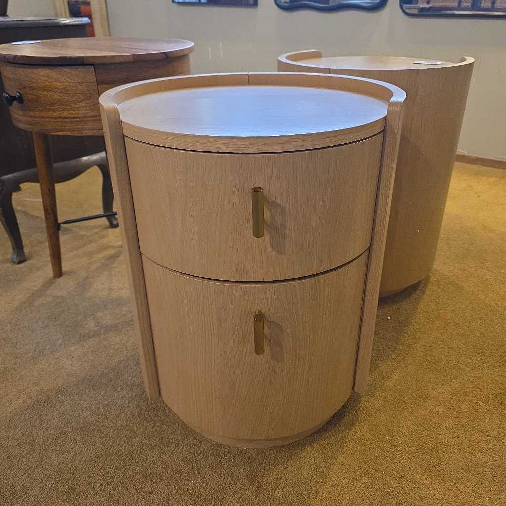 Light Wood Plinth 2 Drawer Nightstand w Brass Knobs