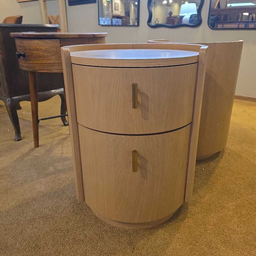 Light Wood Plinth 2 Drawer Nightstand w Brass Knobs