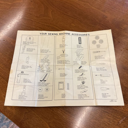 Sewing machine accessories chart on a wooden surface