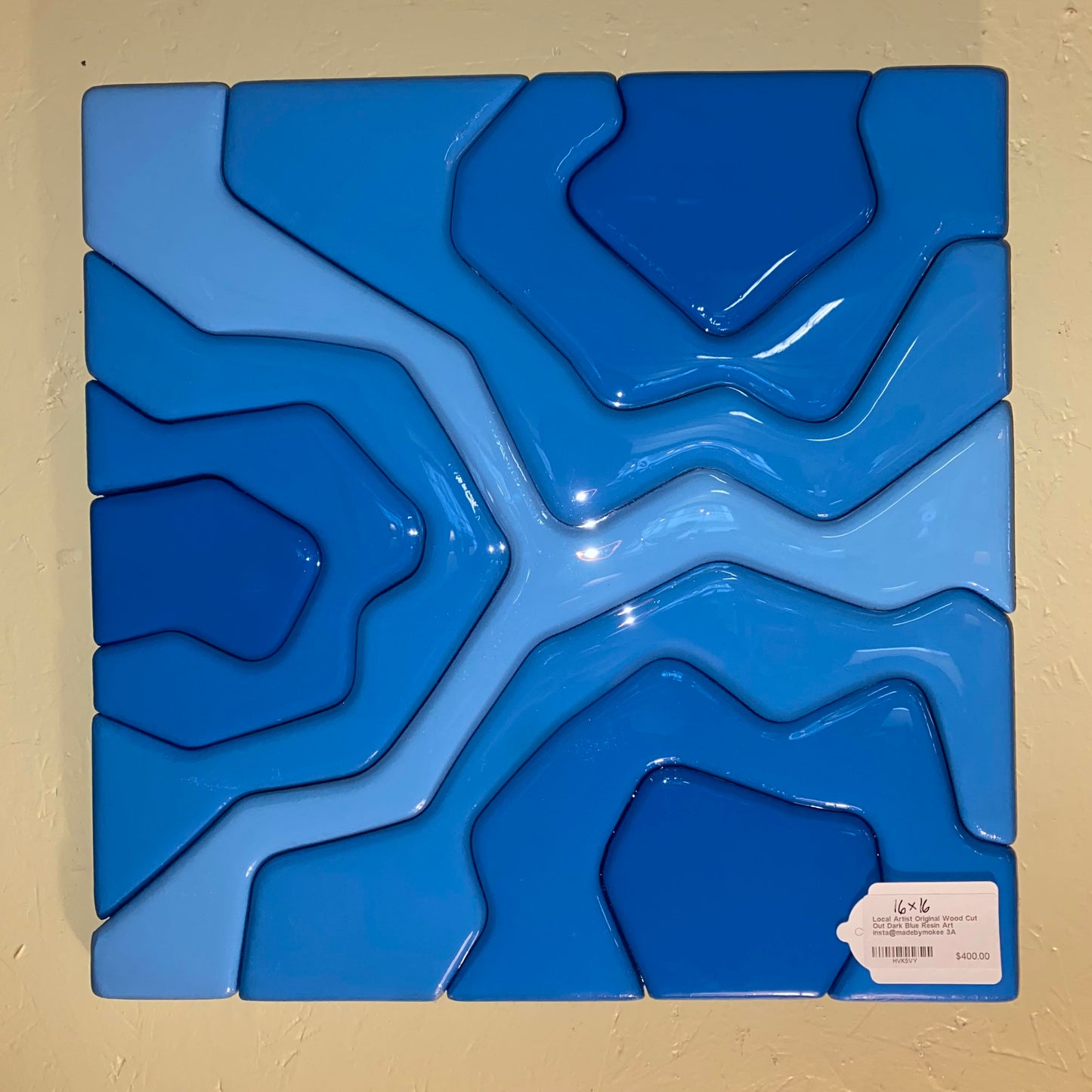 Local Artist Original Wood Cut Out Dark Blue Resin Art insta@madebymokee