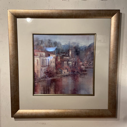 Misty Lakeside Village Art in Wide Matte Gold Frame ART