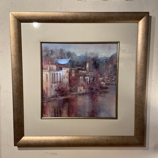 Misty Lakeside Village Art in Wide Matte Gold Frame ART