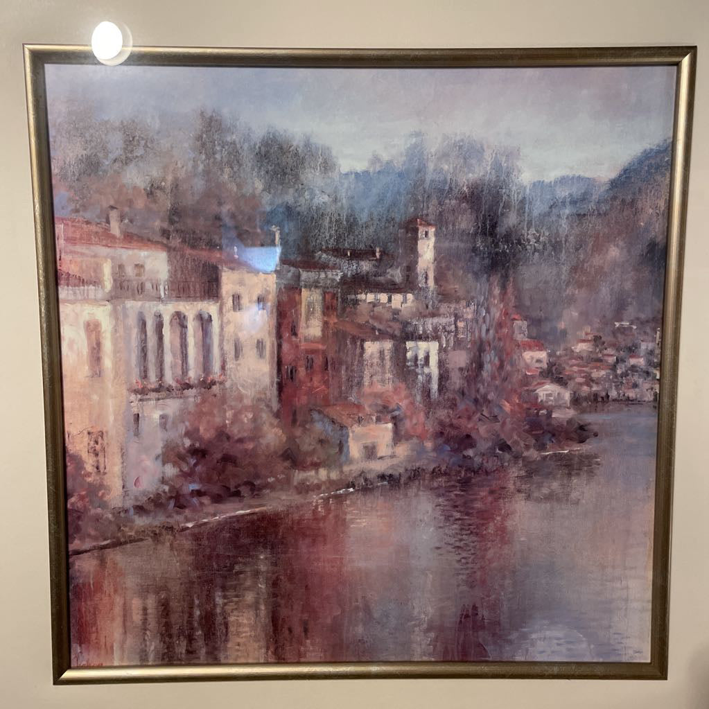 Misty Lakeside Village Art in Wide Matte Gold Frame ART