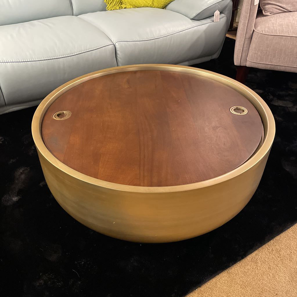 Brass Drum Coffee Table w/ Wood Top Storage C COFFEE TABLES