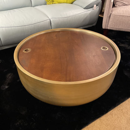 Brass Drum Coffee Table w/ Wood Top Storage C COFFEE TABLES
