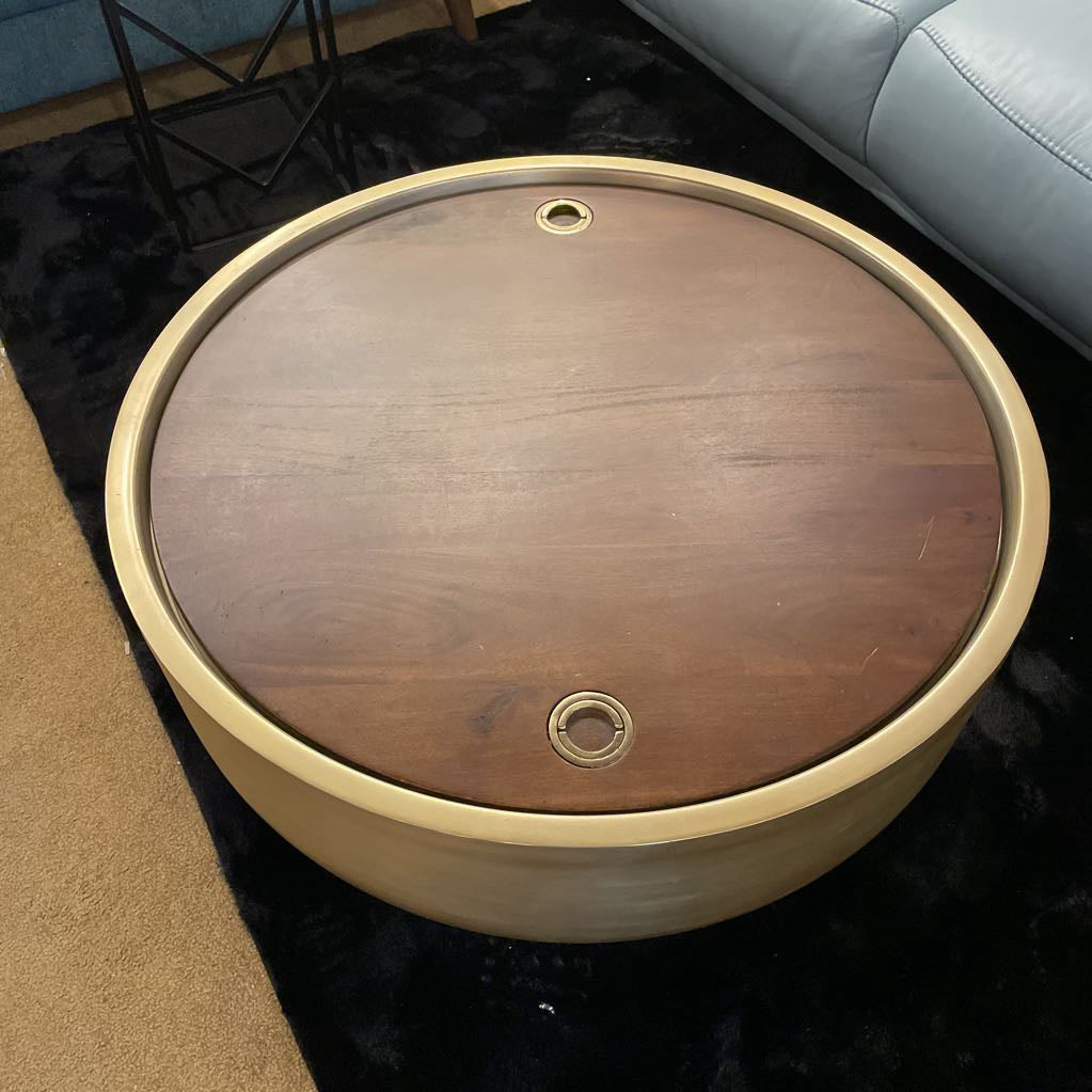 Brass Drum Coffee Table w/ Wood Top Storage C COFFEE TABLES