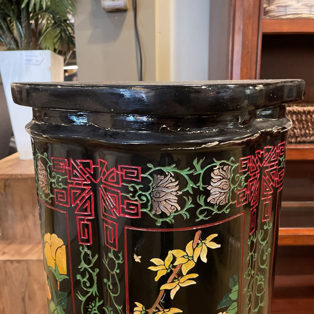 Black Asian Floral Motif Pedestal AS IS UNIQUE FINDS