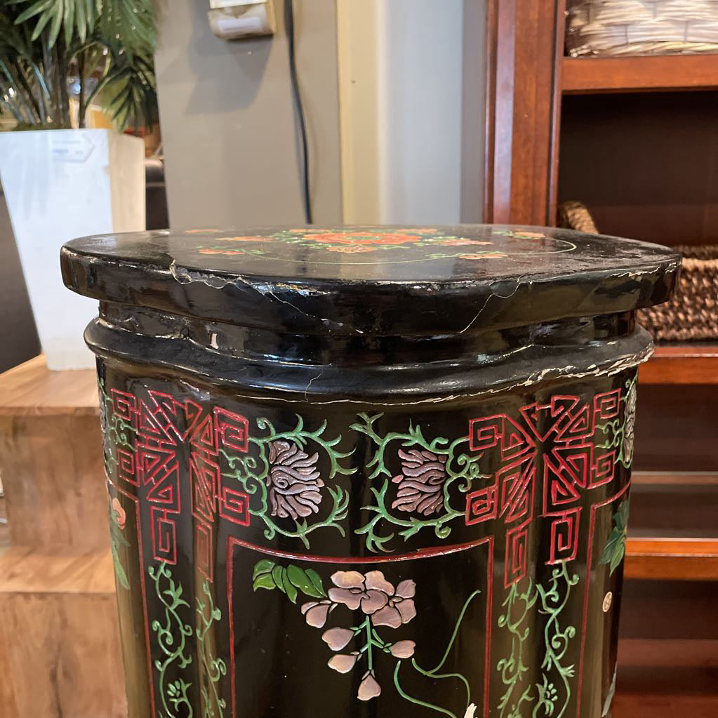 Black Asian Floral Motif Pedestal AS IS UNIQUE FINDS