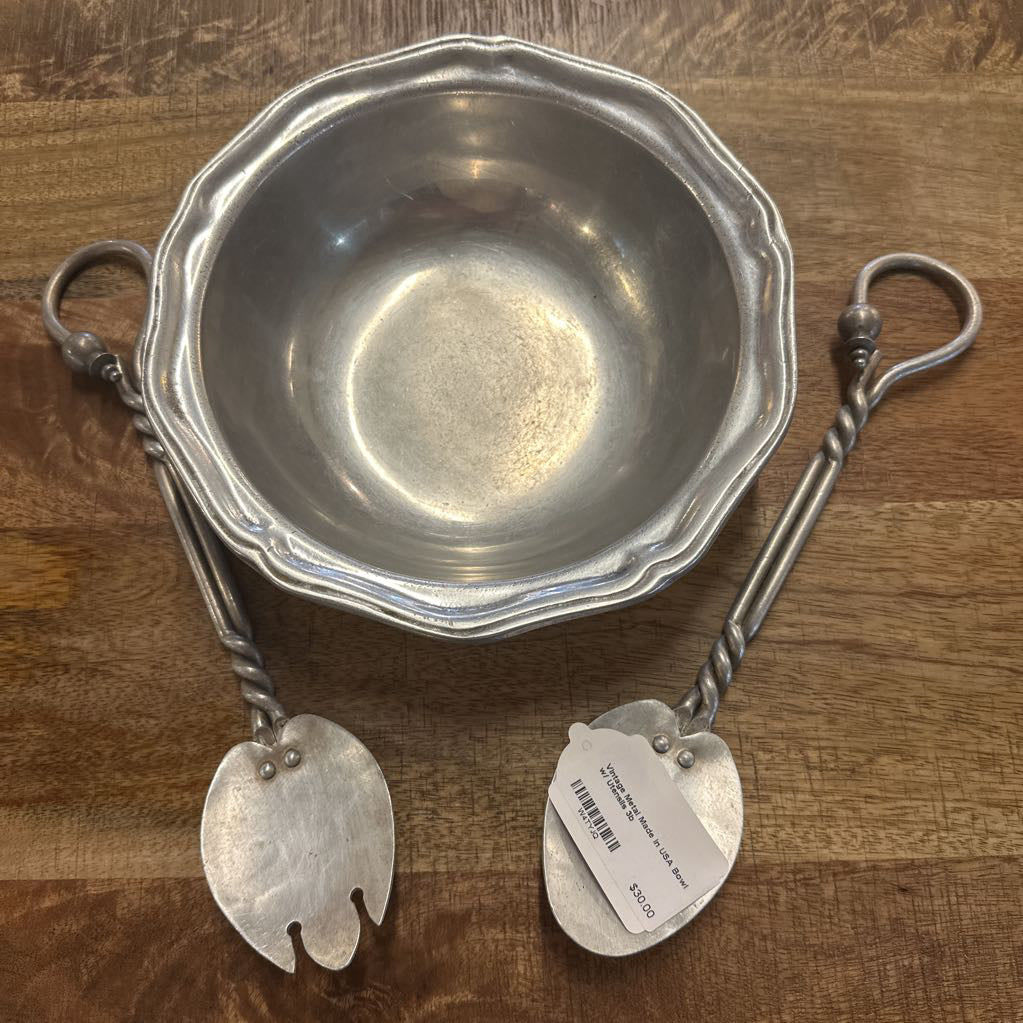 Vintage Metal Made in USA Bowl w/ Utensils SMALLS
