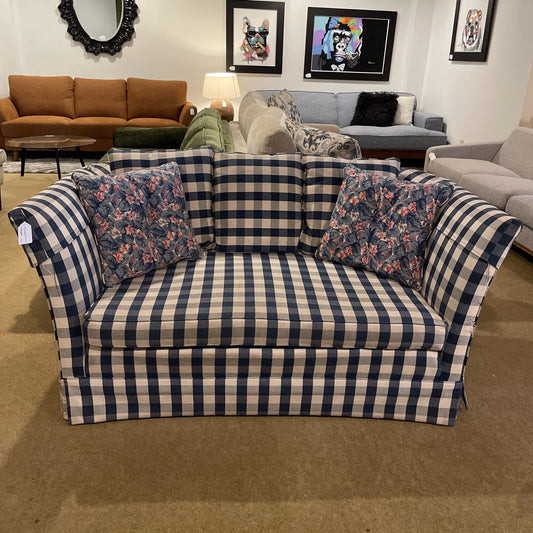 Blue Gingham Patterned Loveseat w/ Floral Pillows U SOFAS