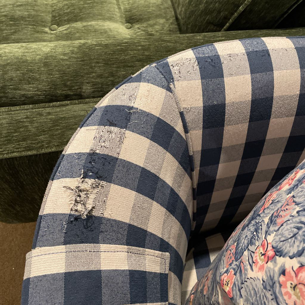 Blue Gingham Patterned Loveseat w/ Floral Pillows U SOFAS