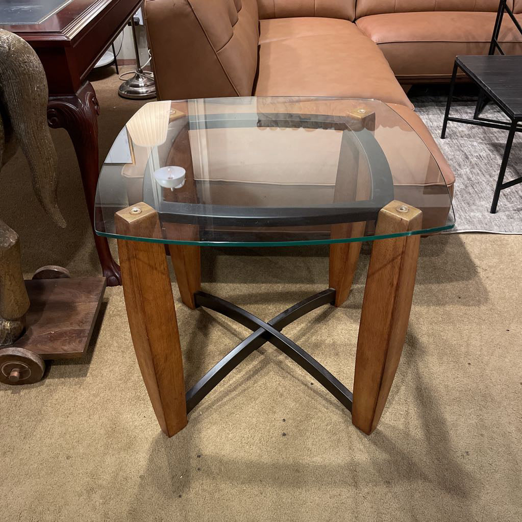 Metal + Wood Base Glass Top Side Table C SIDE TABLES